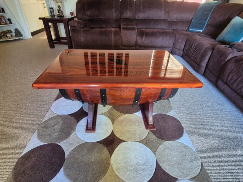 Updated photo 9 years later of wine barrel table