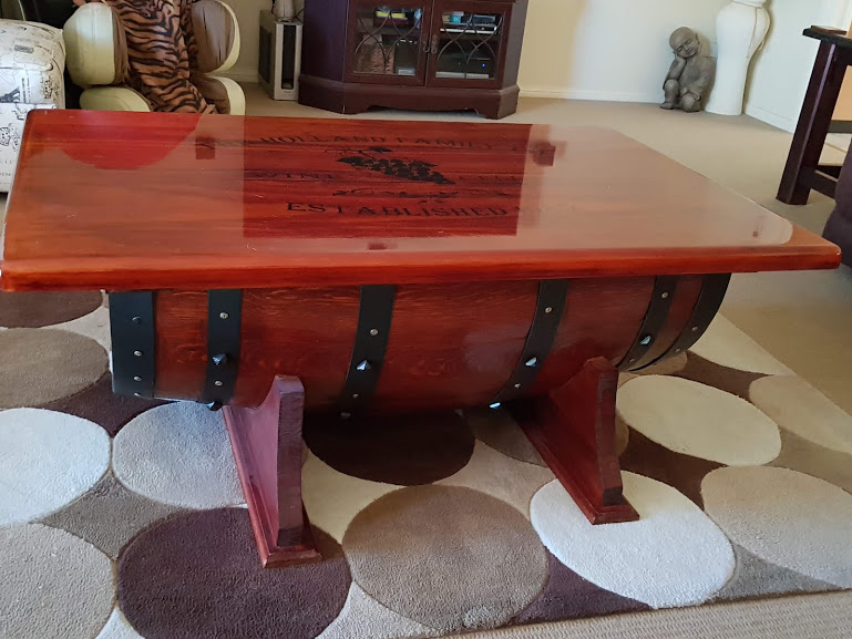 Finished wine barrel coffee table with liquid glass resin top- true colour