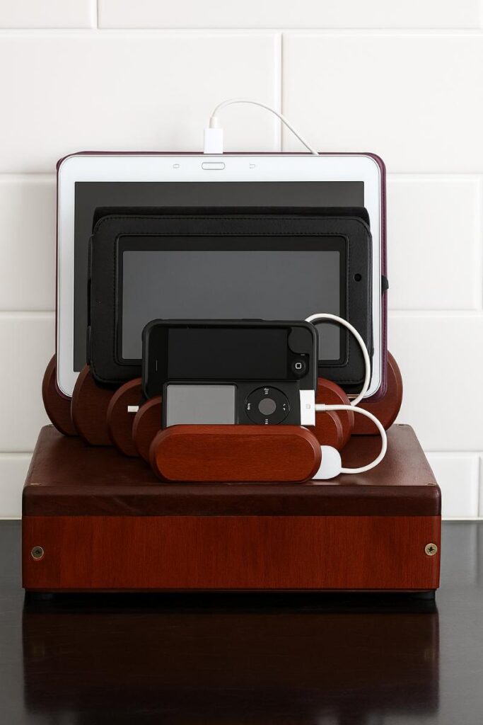 Wooden charging station for electronic devices.  