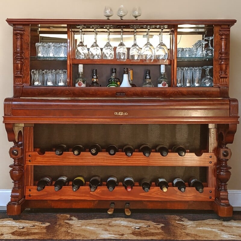 Repurposed piano transformed into home bar with wine rack and glass shelving