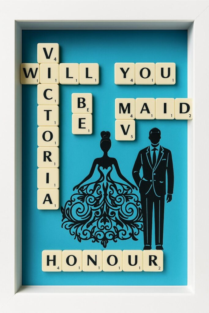 Bridesmaid/Maid of Honour Invitations in a shadow box made with scrabble tiles