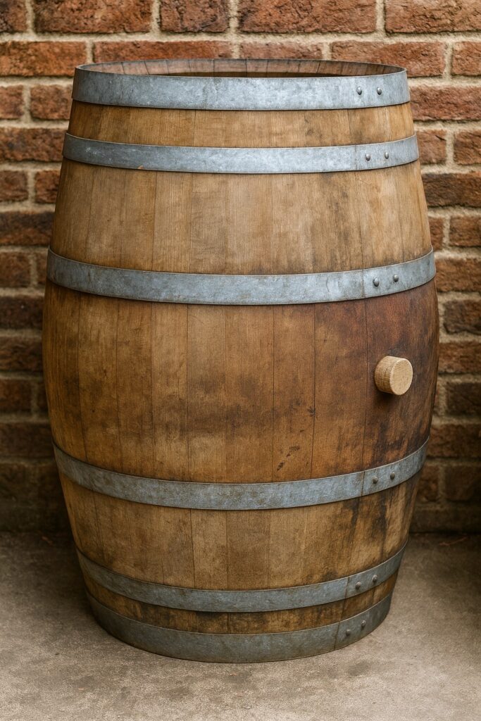 Wine barrel filled with bleach solution to remove odours