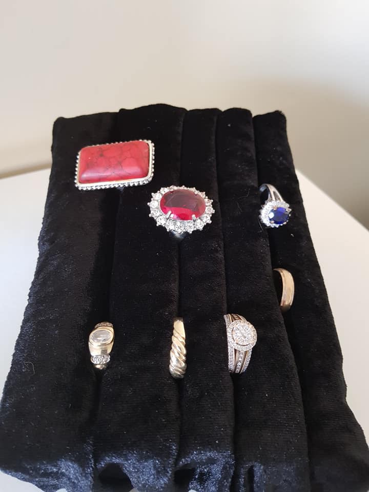 DIY ring storage made from foam and velvet with rings included.
