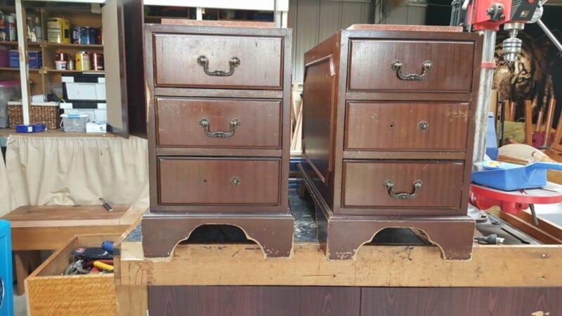 Office desk drawers before restoration.