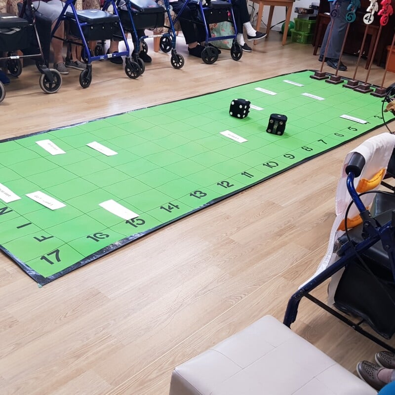 Resdidents in aged care home playing the horse racing game.