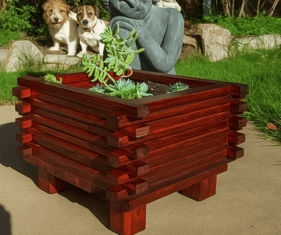 Finished wooden planter filled with succulents in the garden