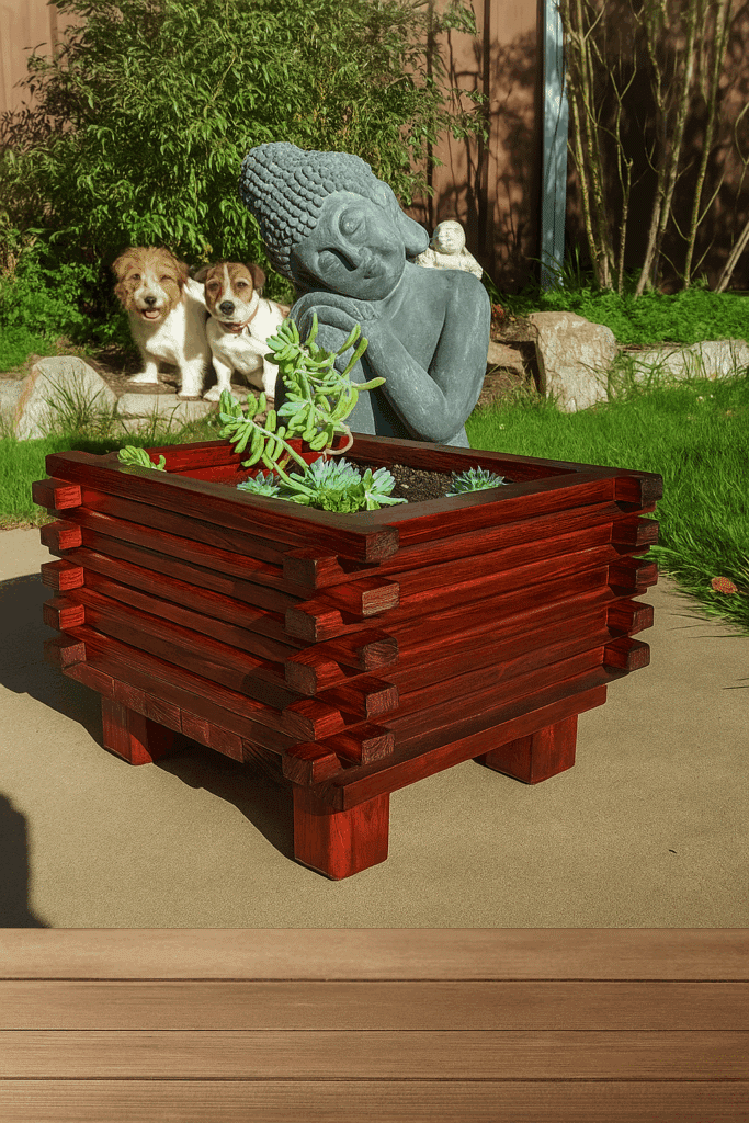Finished wooden planter filled with succulents in the garden