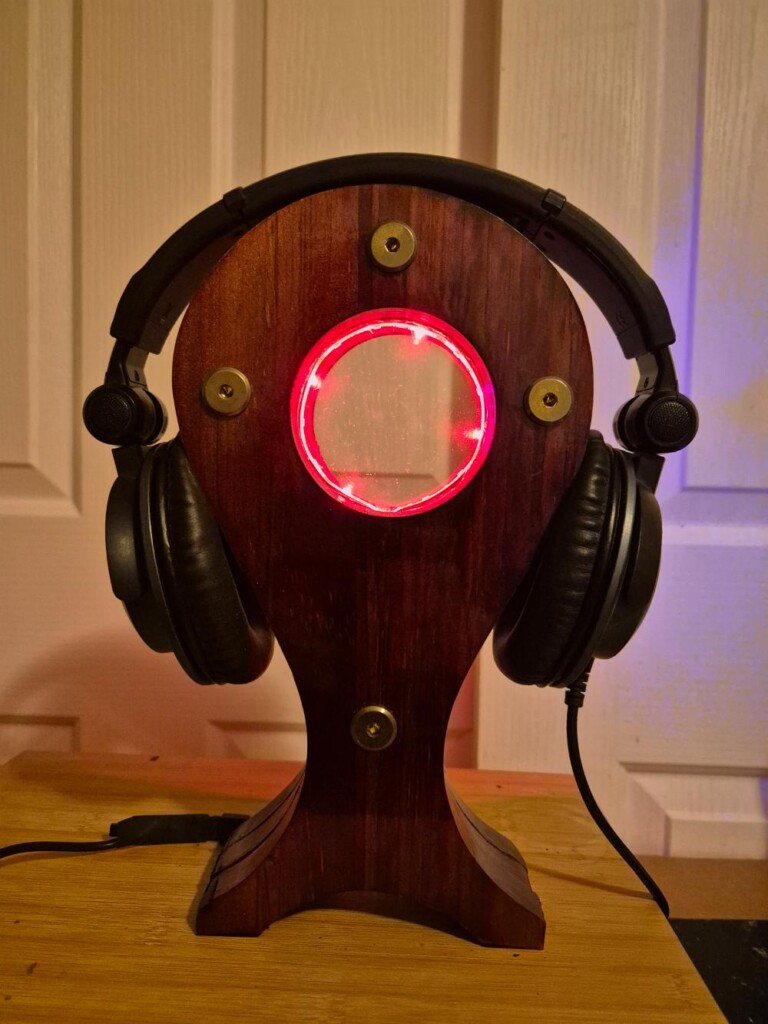 DIY LED Headphone stand with headphones with red light