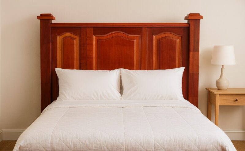 Finished headboard styled for an adult guest room