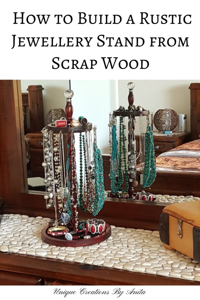 Pinterest Pin with jewellery stand made from recycled materials. 