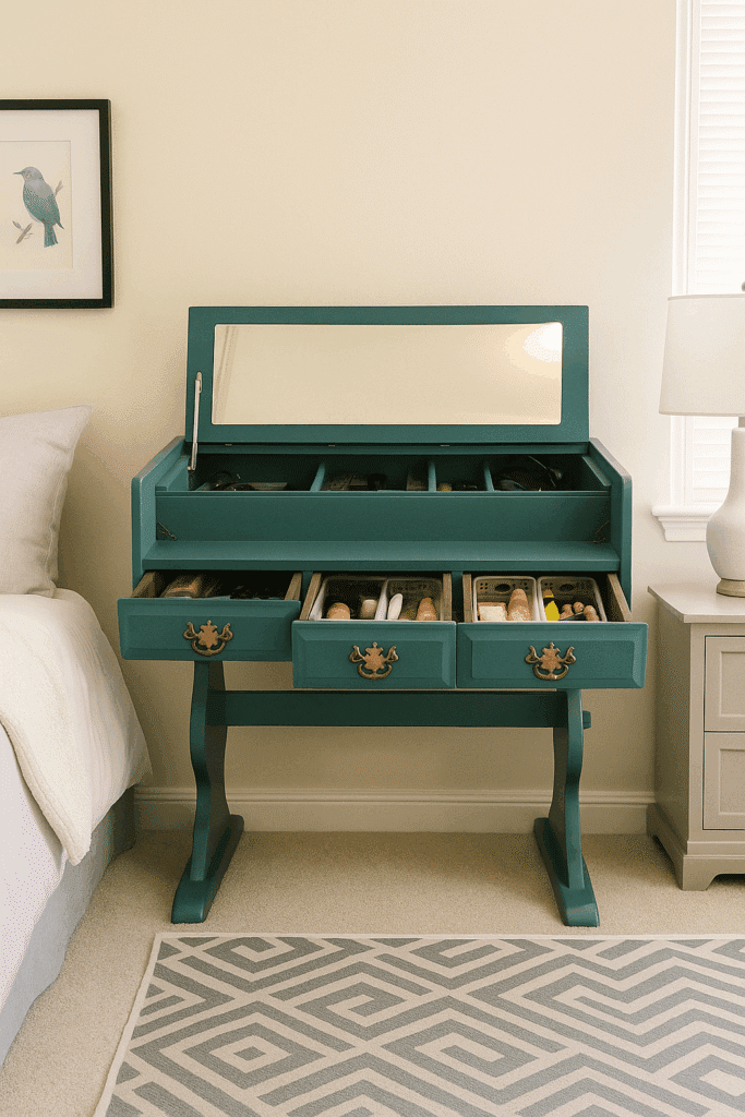 Make up desk with mirror up and drawers open