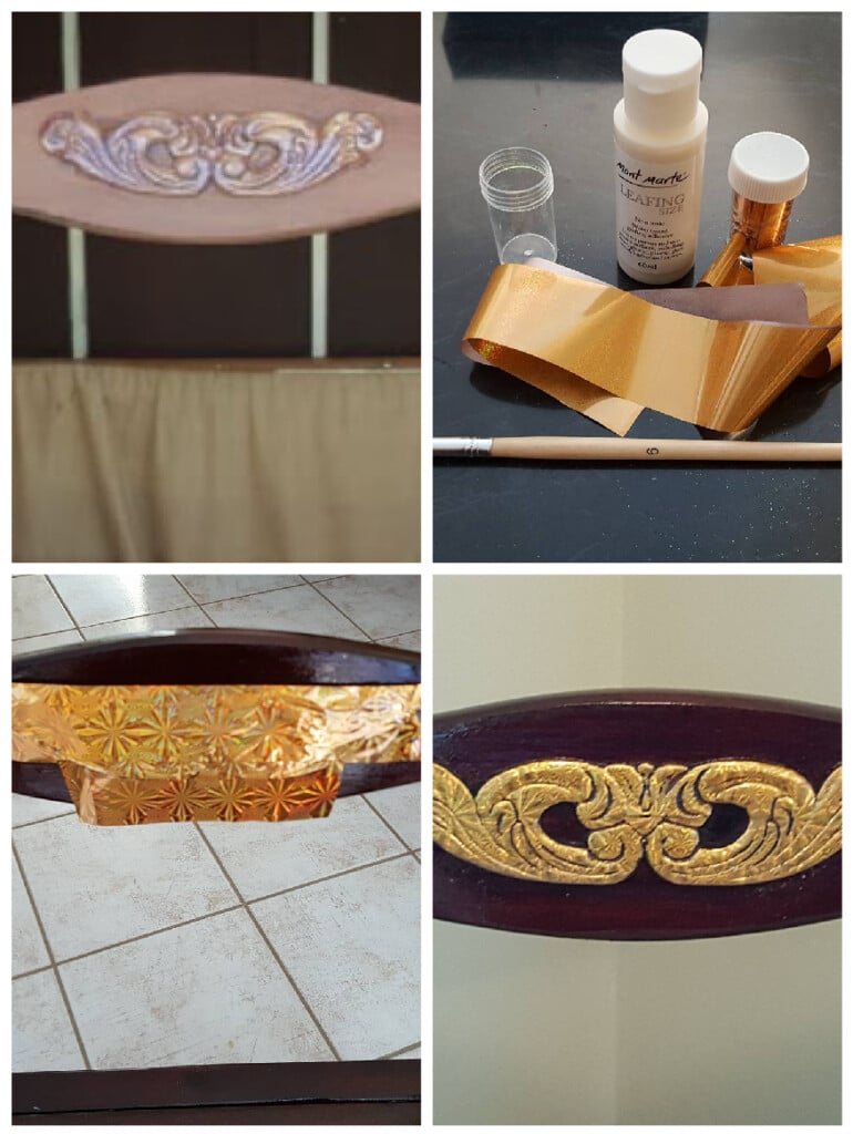 Gold foil added to wooden applique for decorative finish