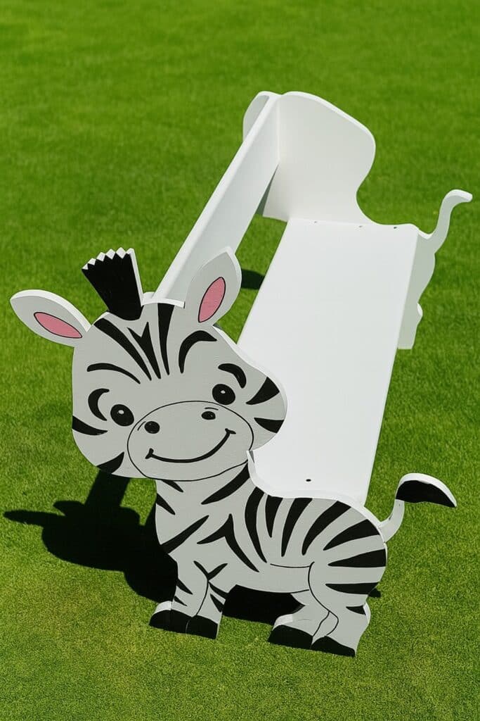Finished DIY zebra toddler bench on the grass