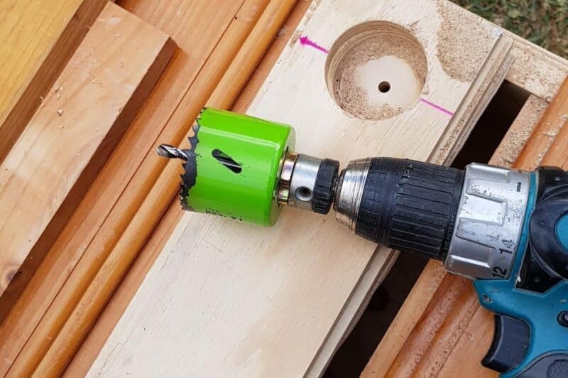 Cutting wooden discs with hole saw for LEGO studs