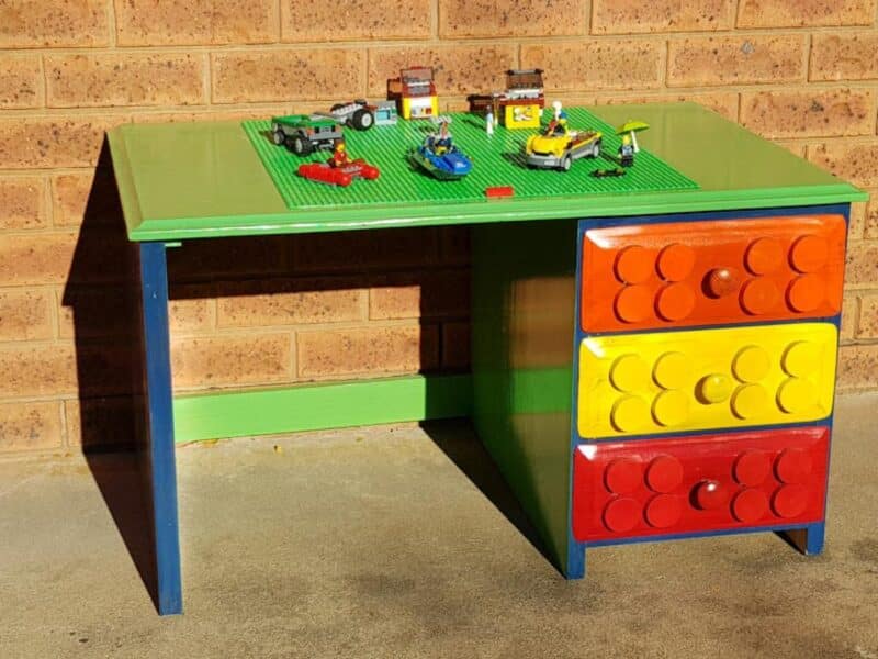 Finished toddler LEGO desk with storage