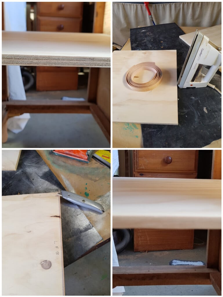 Plywood shelf cut to size with veneer tape applied