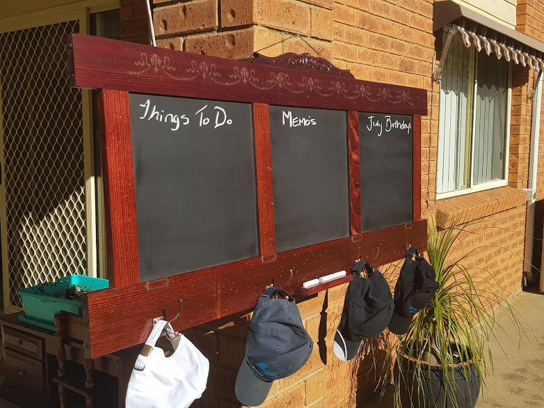 Headboard Repurposed into a Chalkboard Hat/Coat Rack