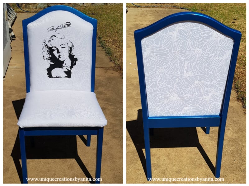 Marilyn Monroe themed Blue feature chair painted with shimmer unicorn spit paint with white fabric.