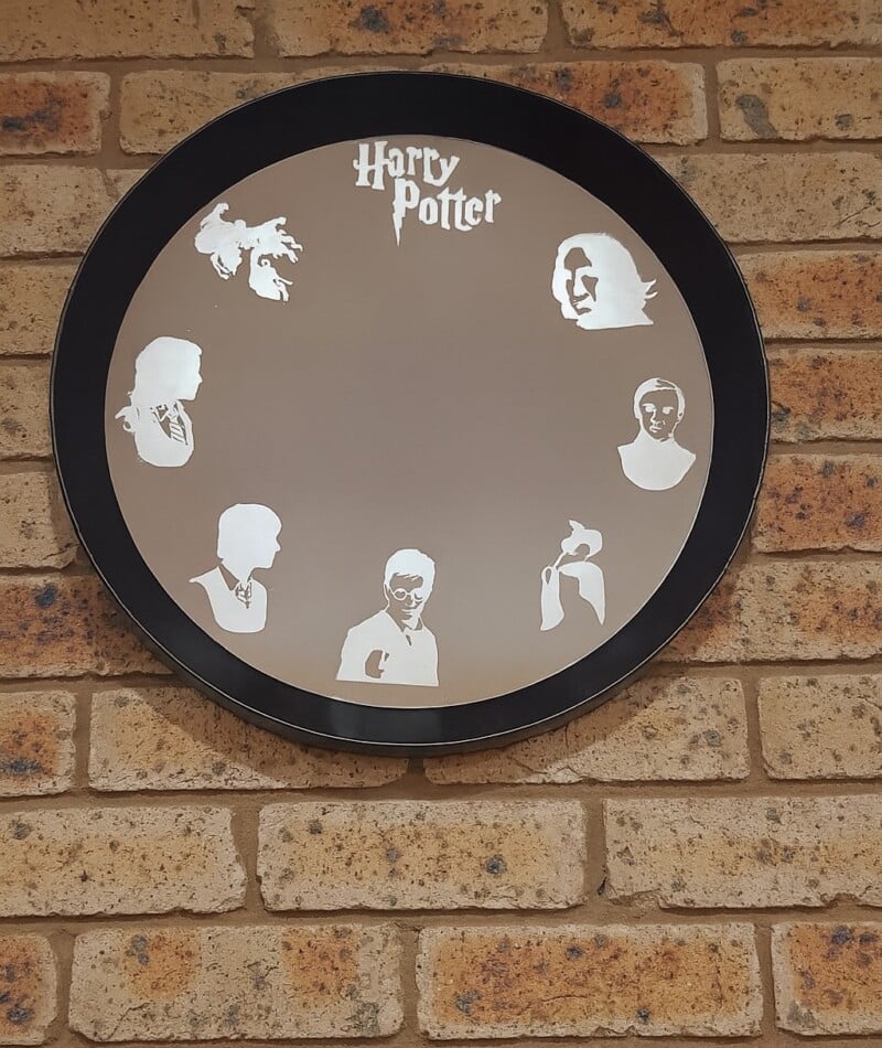 Finished Harry Potter etched mirror on display- reflection removed