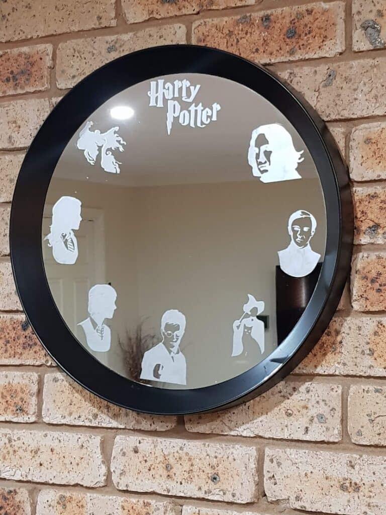 Finished Harry Potter etched mirror on display.