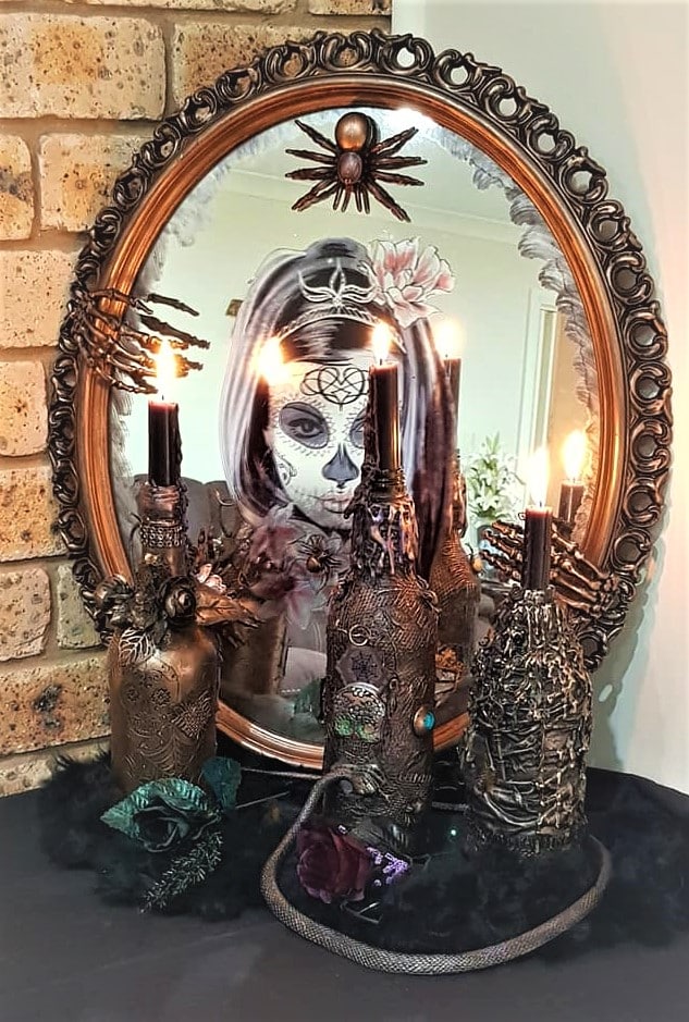 Halloween mirror with Sugar skull reflection with skeleton hands
