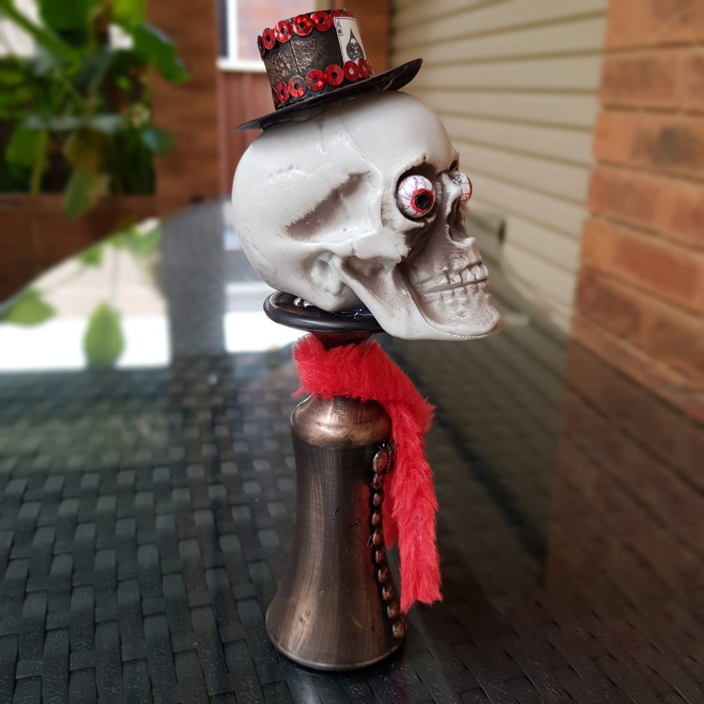 side view of skull with hat and scarf 