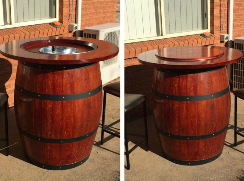 Wine barrel table with built in wine bucket