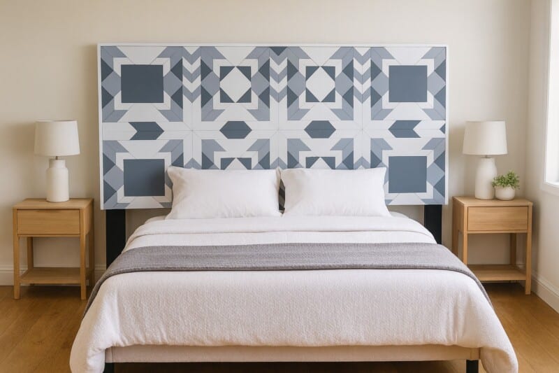 Grey and white barn quilt headboard