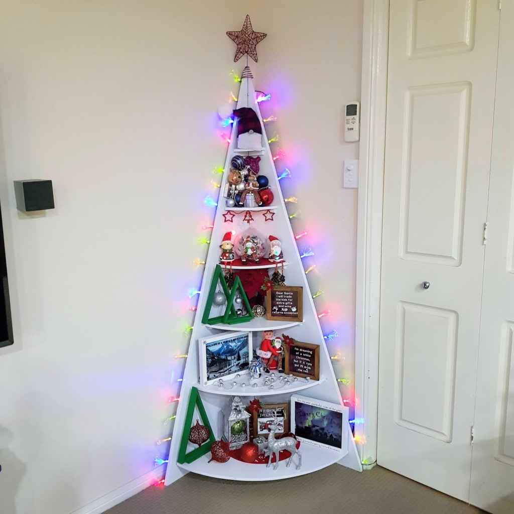 Corner wooden Christmas tree shelf