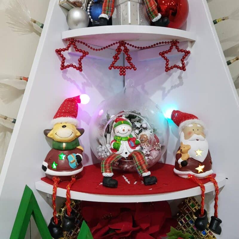 Finished Corner Christmas Tree Shelf styled with festive décor- middle