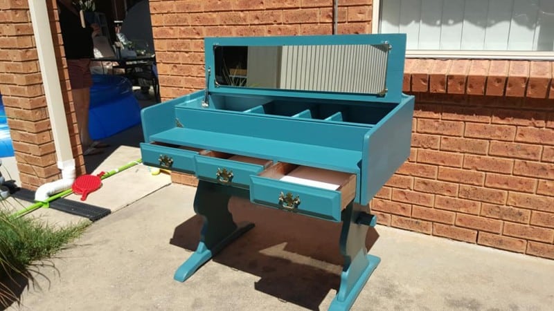 Make up Vanity desk with mirror up and drawers open