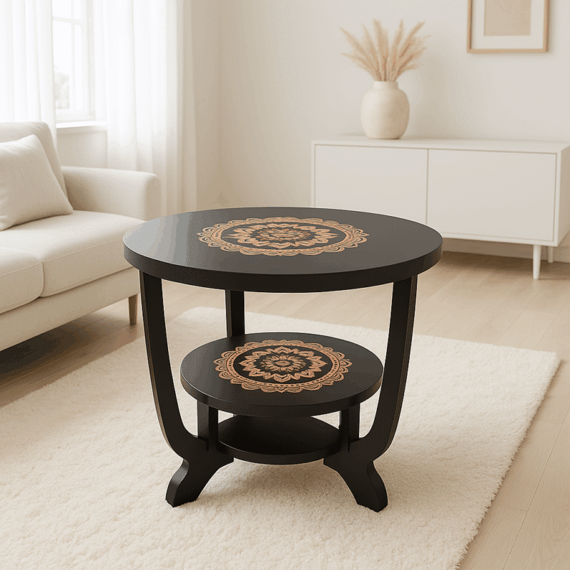 black coffee table with gold leafy mandala design on top