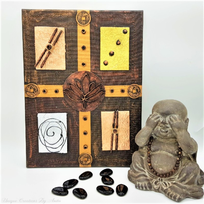 Oriental mixed media canvas decorated using toilet paper and gold leaf with handmade lotus flower centrepiece