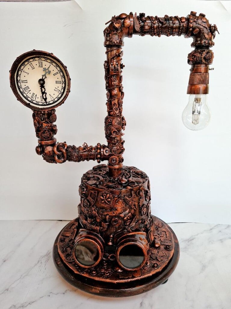 Mixed media steampunk hat added to lamp