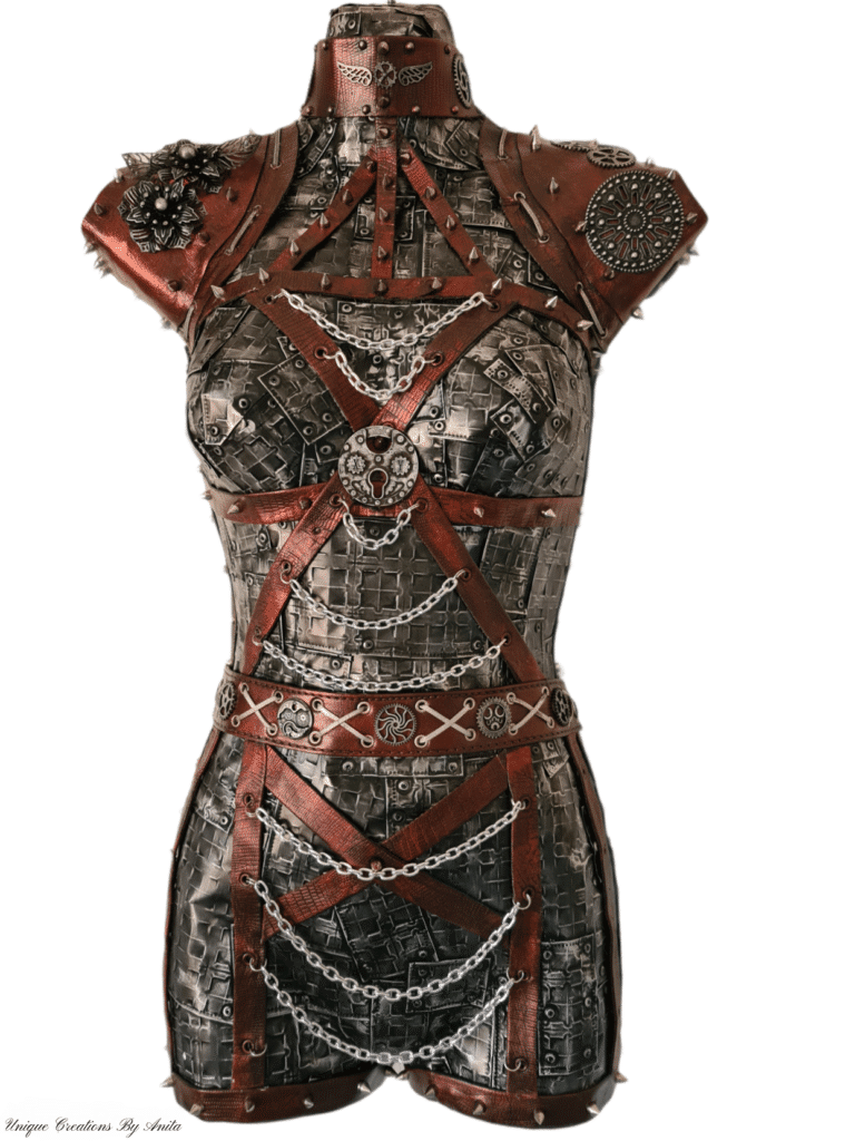 Steampunk mannequin covered with embossed soda cans