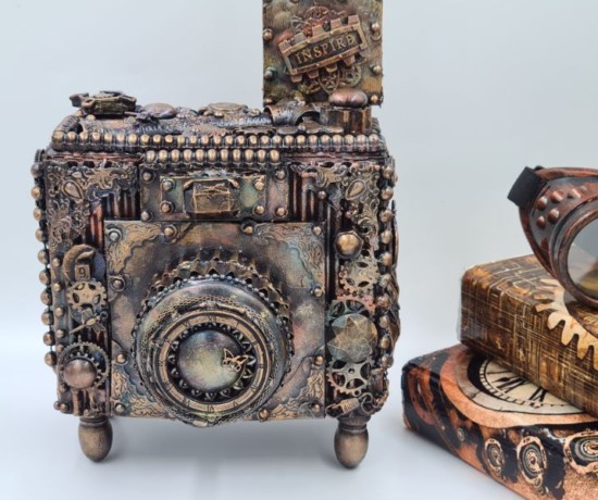 DIY Cardboard prop camera with a mixed media makeover