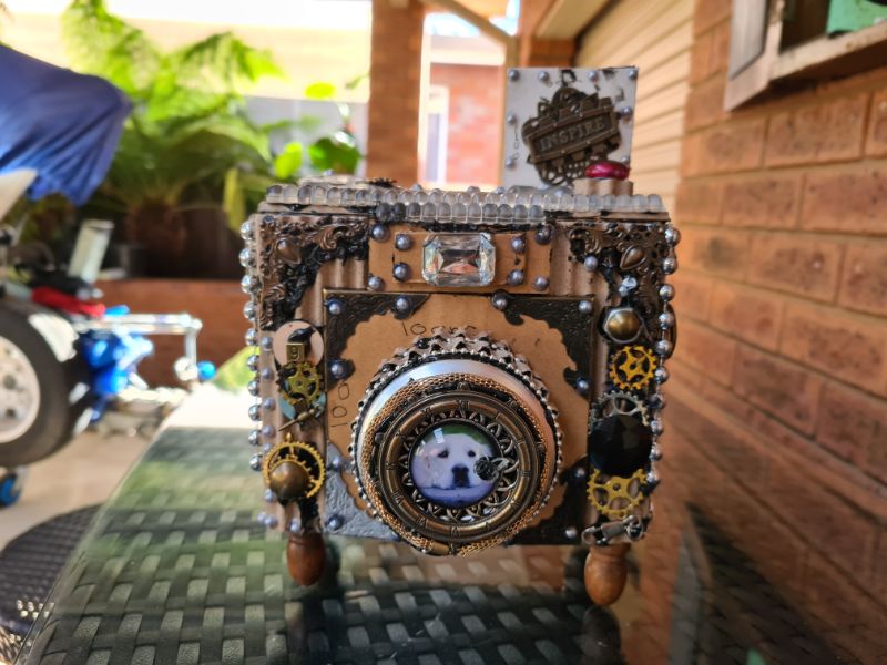 DIY Cardboard prop camera with a mixed media makeover