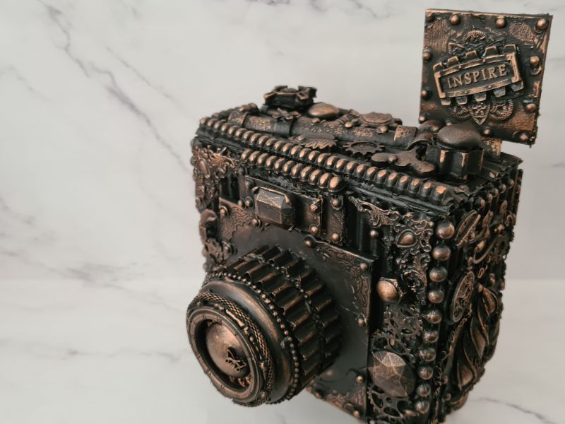 DIY Cardboard prop camera with a mixed media makeover