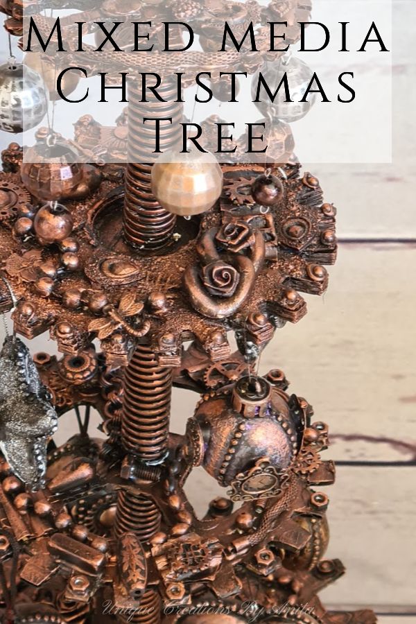 DIY Cardboard steampunk Christmas tree made from recycled materials and given a mixed media makeover