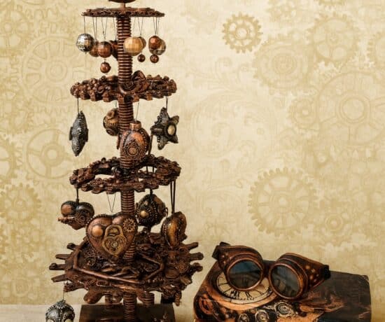 Completed DIY Steampunk Christmas tree displayed on table with decorations