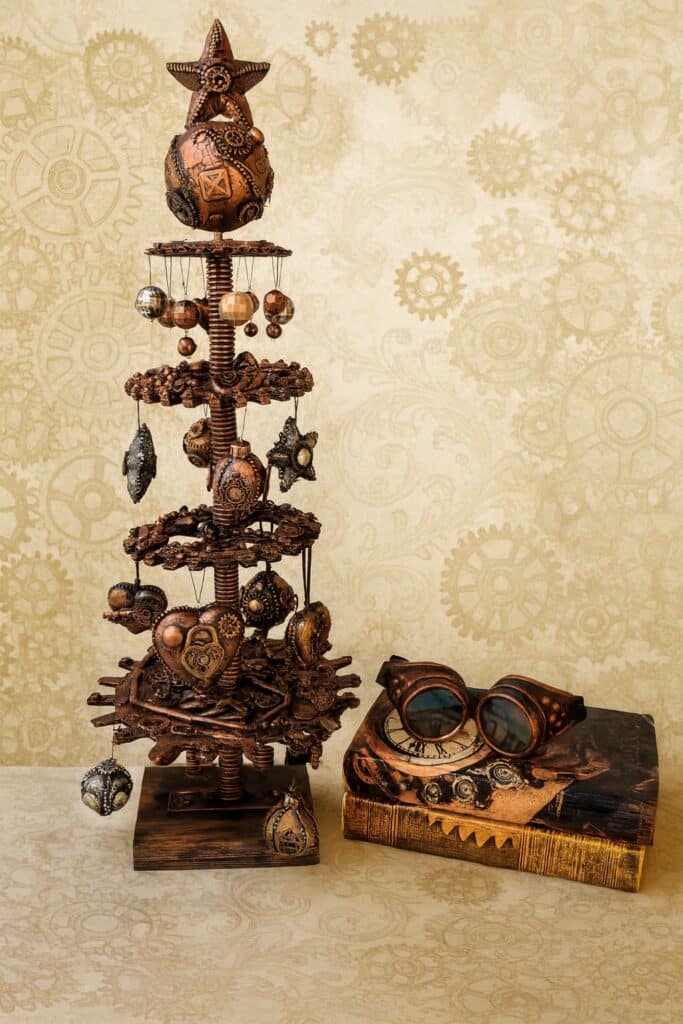 Completed DIY Steampunk Christmas tree displayed on table with decorations- steampunk background