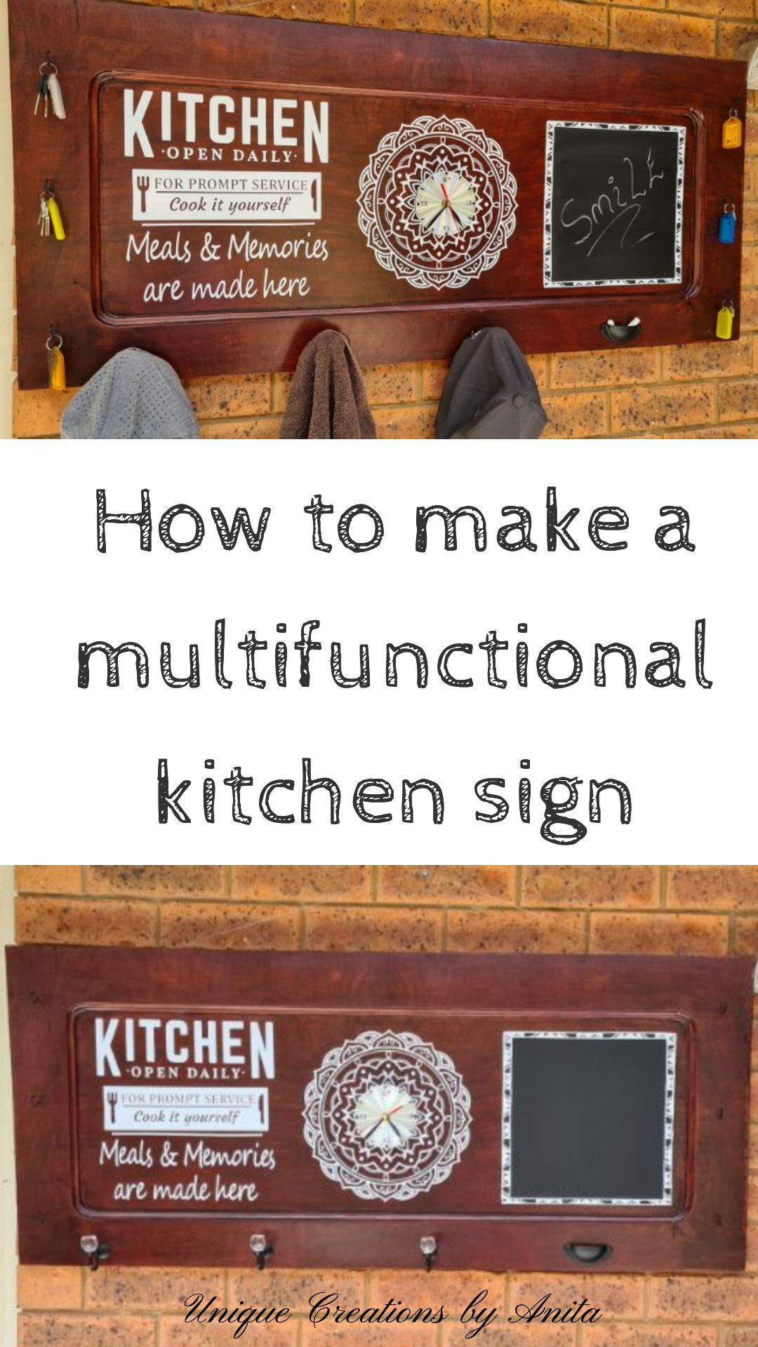 Handmade kitchen sign with built in clock and hooks for keys, coats or hats.
