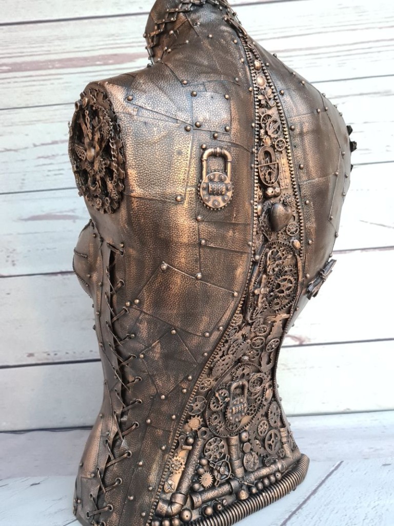 Steampunk mannequin with bronze embellishments - back view