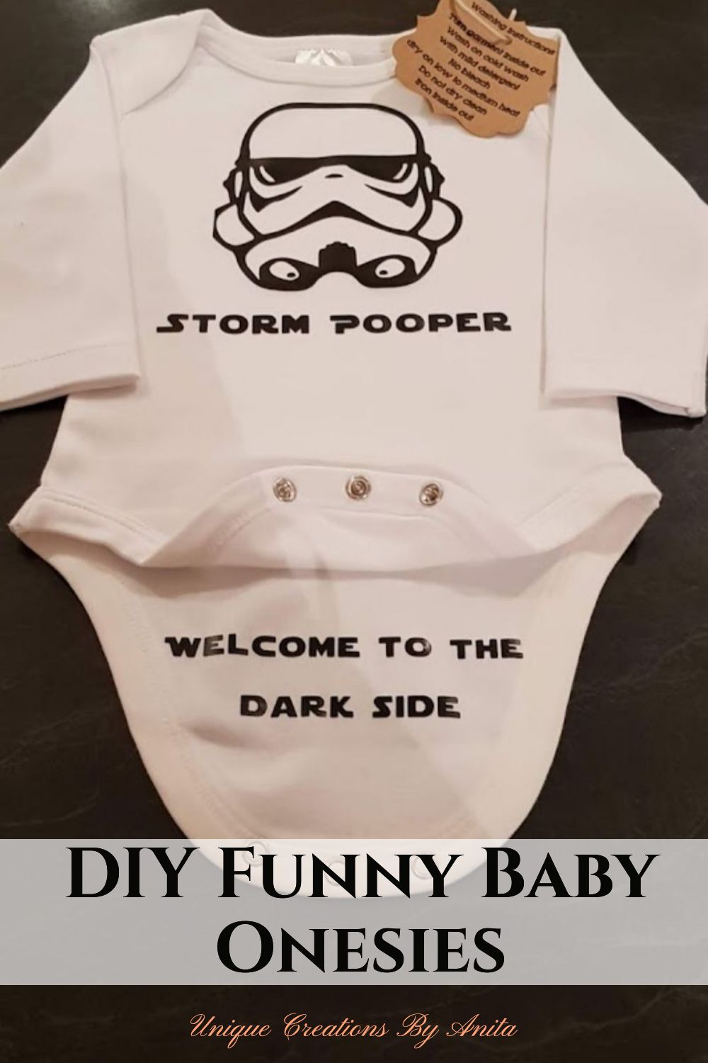 Custom text added to a baby onesie