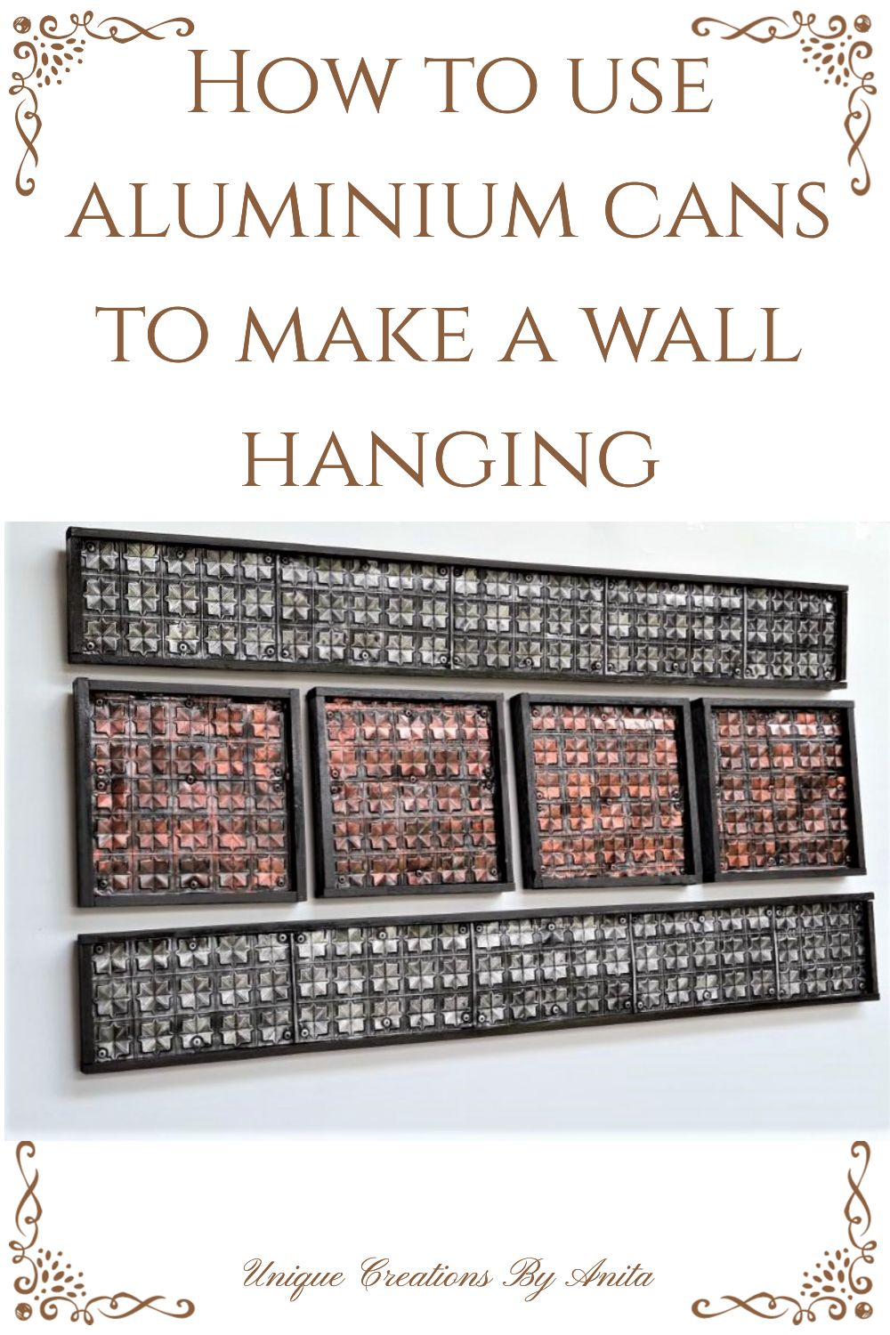 Recycled aluminium cans made into textured wall hanging.