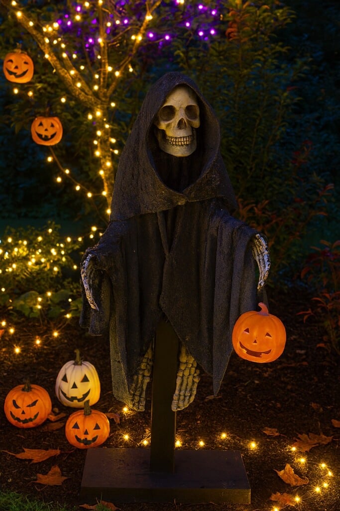 Finished cement grim reaper with Halloween accessories