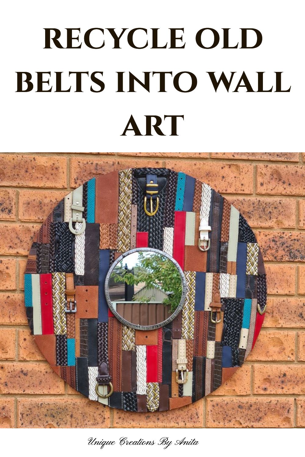 Wall hanging made from multicolored and textured belts.