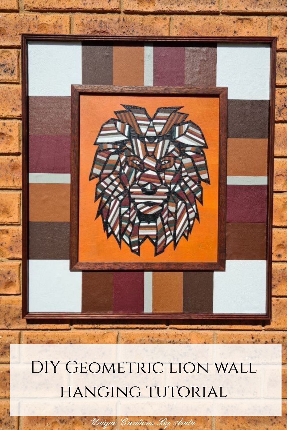 Geometric lion wall art made from scraps of leather