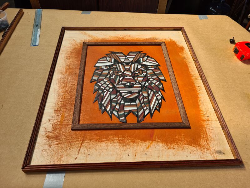 Geometric lion wall art made from scraps of leather