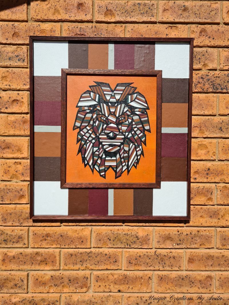 Geometric lion wall art made from scraps of leather